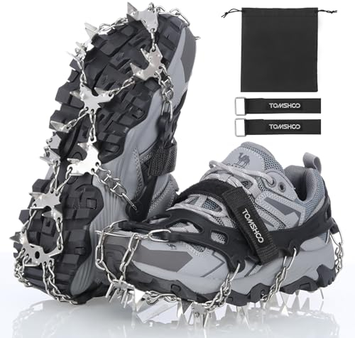 TOMSHOO Ramponi per Scarponi, 32 Denti Ramponi da Ghiaccio Catene in Acciaio Inossidabile con Cinghie, Ice Tacchetti Universali Trazione per Neve Ghiaccio Moutaineering Escursionismo