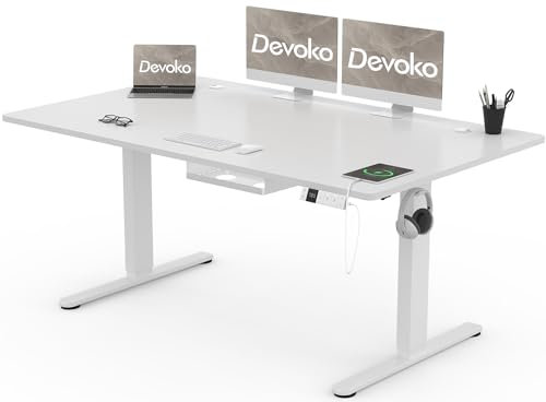Devoko Scrivania Regolabile in Altezza 160 x 80 cm, Scrivania da Ufficio con Sistemi Anti-Collisione e Funzione di Memoria, Tavolo didattico Ergonomica Elettrica, Bianco