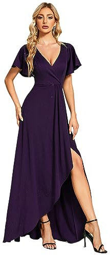 Ever-Pretty Vestito da Sera Donna Elegante Stile Impero Scollo a V Maniche Corte Lungo Abito da Sera EE01738 Viola Scuro 58
