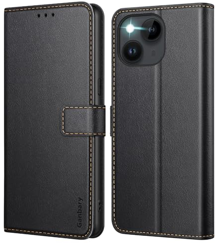 Ganbary Funda Compatible con iPhone 14 / iPhone 13, Funda Tapa Libro Movil Carcasa PU Cuero Funda para iPhone 14 / iPhone 13 [Protección Completa] [Ranura Tarjeta][Función Soporte], Negro