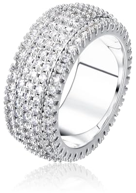 Dochais Ring für Herren Damen Personalisiert Breit Ringe 9mm mit Zirkonia Kristall Ring in 14K Vergoldet Glänzend Brandring Verlobungsring Antragsring Trauring (7, Silber)