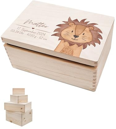 wunderwunsch Personalisierte Erinnerungsbox Baby, Erinnerungskiste Geburt | Geschenkbox Holz personalisiert, Aufbewahrung, Geschenk, Junge, Mädchen, Holzkiste groß mit Gravur, Kinder, Waldtiere