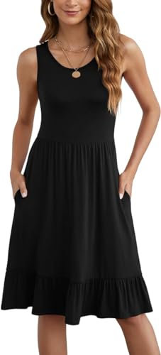 Yommay Kleider Damen Sommer Elegante Knielang A-Linie Kleid Casual Rundhals Tank Top Strandkleid mit Taschen,Schwarz,XL
