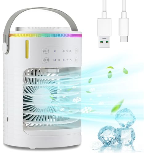 Portable Air Conditioner, ICDLTJ Mini Air Cooler Desktop Air Conditioners with 600ml Tanks and Spray & Colorful Night Light, 3 Wind Speed & 2-8H Timer, Air Coolers for Home Office