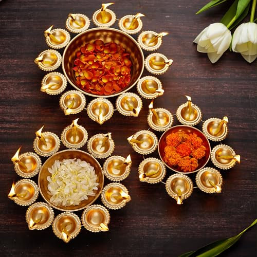 TIED RIBBONS Diya Shape Urli Bowl Set for Decoration | Iron, 10,12,14 Inch | Set of 3 | Flower Decorative Bowl for Wedding, Pooja - Diwali Decorations for Home | Ganesh Chaturhti Decoration