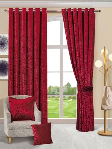 Mh Bedding Store ltd Ring Top/Eyelet Curtains Crushed Velvet Fully Lined Pair Curtain Beautiful Textured Door WIndow Curtains (Burgandy/Red, 90 x 90 (228 x 228 cm))