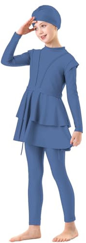 Muslimischer Badeanzug für Mädchen, 3-teilig, vollständig bedeckend, Hijab, Burkini, arabische Badebekleidung, Sonnenanzug, Strandmode, Oberteil, Hose, Mütze, Kostüm Kinder Badeanzug 140