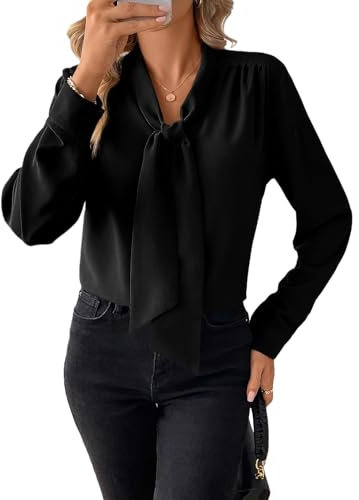 BLENCOT Damen Bluse Langarm Hemdbluse Elegant V-Ausschnitt Casual Tunika Hemd Fliege Knoten Blusen Tops