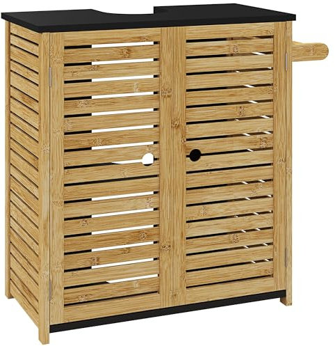HOMCOM Meuble sous lavabo avec 2 Portes et Porte-Serviettes, Meuble sous lavabo en U, Couleur Bois et Noir
