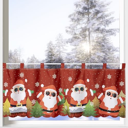 heimtexland ® Scheibengardine Weihnachten Fensterdeko Weihnachtsgardine Bedruckt Deko Gardine Satin Blickdicht rot gebogt 45x120 Advent Typ651 Santa - Rock n Roll