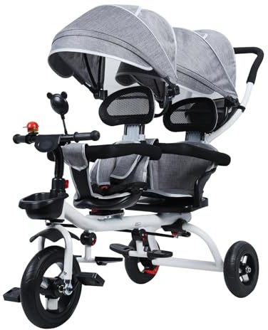 Tandem-Dreirad mit Doppelsitz und Baldachin, Anti-Rollover-stoßfestes Gummirad, Doppel-Baby-Kinder-Dreirad inklusive Glocke und Spiegel, Spazierengehender Kinderwagen für 2–8 Jahre altes Kind, Grau