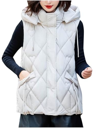 FGVFCS Damen-Winterweste, Steppjacken, Kapuzenmäntel, Winter, warme Weste, lässig, einfarbig, ärmellos, durchgehender Reißverschluss, Bodywarmer Jacken, Weste, gepolsterte Weste mit Tasche, Übergröße,