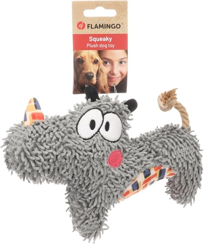 Flamingo Saffia Nashorn Spielzeug mit Seil – Grau, Mit Quietscher für Extra Spielspaß – Perfekt für Hunde