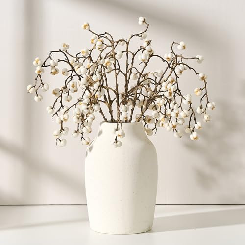 PORCER Rustikale Bauernhaus-Blumenvase aus Keramik, 17,8 cm, Boho-Terrakotta-Vase für Heimdekoration, Wohnzimmer, Tisch, Regal, Kamindekoration, Bauernhaus-Weiß