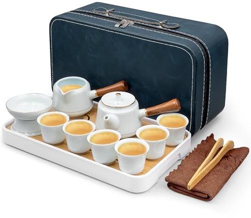 Japanese & Chinese Tea Set, Adults' Portable Gongfu Tea Set with Teapet with Porcelain Teapot, 8oz Teapot,14-Piece for Home/Outdoor/Office Gifts - Light Cyan