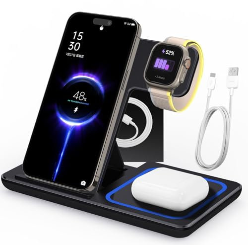 Chargeur Induction 3 en 1 pour iPhone 16 15 14 13 12 Pro Max Plus, Wireless Charger Support de Charge pour Apple Watch Series & Air pods 4 3 2 Pro, Android Samsung Series