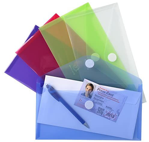 Exacompta - Réf. 56510E - Carton de 50 pochettes-enveloppes fermeture scratch et rabat - En PP souple - Dimensions d'une pochette : 25 x 13,5 cm - Format à classer 24x13 cm - Couleurs assorties