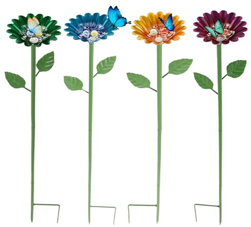 Metal Bee Watering Station, Insect Drinking Cups for Garden, Rustproof Flower Shaped Bee Feeder, Waterproof Colorful Butterfly Feeders for Outdoor Yard Decor(4Pack)