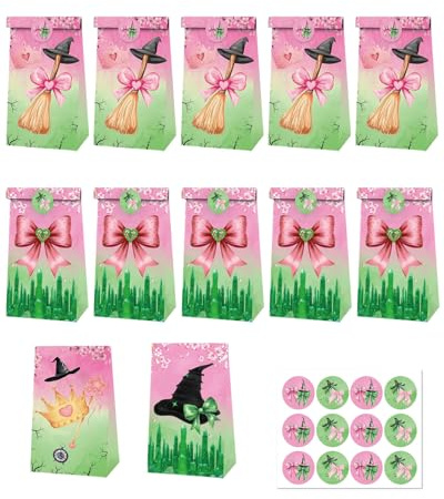 Hexen- und Prinzessin-Partytüten mit Aufklebern, 12 Stück, rosa Schleife und Hexenhut, Geschenktüten, Kraftpapier, Goodie-Bonbontüten, rosa und grün, Party-Dekorationen