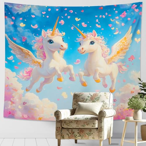 Wandteppich, Motiv: Einhörner im Himmel, bunt, magisch, dekorativer Wandbehang, niedliche Wandteppiche für Schlafzimmer, Wohnzimmer, Kinderzimmer, Fantasie-Ästhetik, 152,4 x 101,6 cm