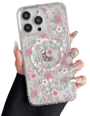 RALEAVO Magnetisch Hülle für iPhone 15 6,1 Zoll Kompatibel mit MagSafe Kabellosem Laden, Silikon Niedlich Blumen Hülle Transparent Stoßfest Schutzhülle für iPhone 15-Rosa Blumen