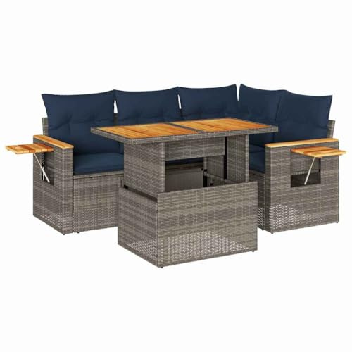 vidaXL 5 Piece Garden Sofa Set with Cushions Grey Poly Rattan Acacia, outdoor sofa set, garden lounge set