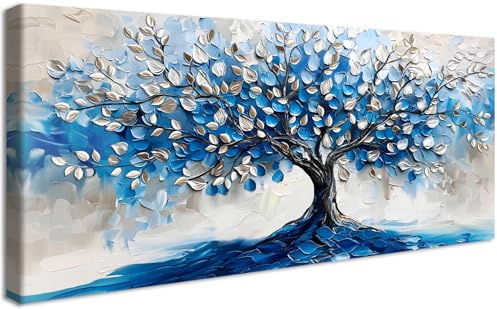 Groß Leinwand Bilder Mit Rahmen Abstrakter Baum des Leben Leinwandbilder Silber Marine Blauer Baum Bilder auf Leinwand Malerei Poster Wandposter Wandbilder Wohnzimmer Schlafzimmer Wanddekor 50x120cm