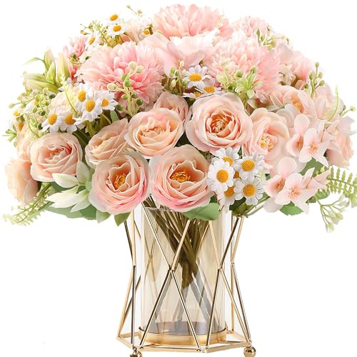 HNVNER Fiori artificiali, confezione da 4, rose artificiali, margherite finte, bouquet di fiori di seta, per decorazione domestica, centrotavola, decorazioni da giardino