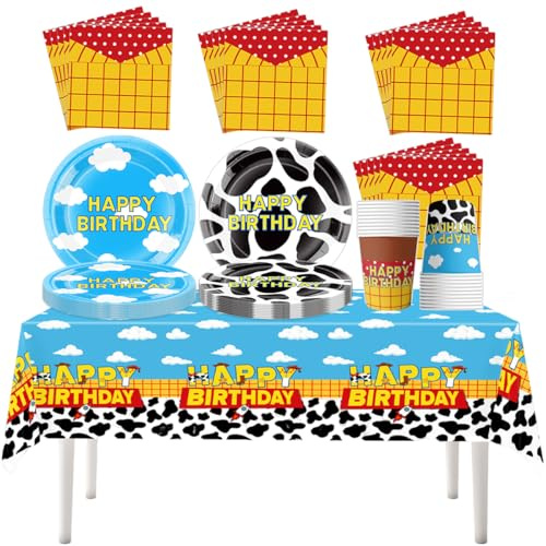 Fuwraixis Cartoon Story Vajilla para fiestas, 61 piezas Tema de juguetes Vajilla infantil para cumpleaños, Juego de platos de papel para fiesta de niño, Vasos de papel, servilletas, manteles
