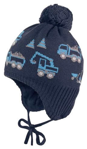 maximo MINI Boy-Mütze, Baufahrzeuge ausgenäht, Pompon, Band Made in Germany