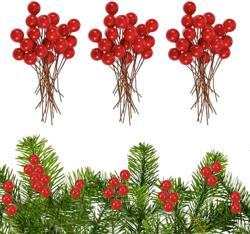 Rote Beeren Deko Weihnachten 100 Stück Weihnachtsbeeren 10mm Durchmesser Beerenzweig Künstlich Ilex Beeren Zweige Rote Hagebutten, Stechpalme für Kränze, Bäume, Pflanzen Weihnachtsdeko (Leuchtend Rot)