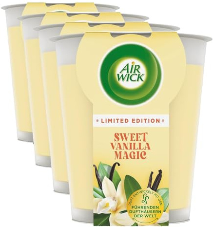 Air Wick Wohlfühl-Duftkerze XL im Glas – Duft: Sweet Vanilla Magic – Bis zu 40 Stunden Brenndauer – Enthält natürliche ätherische Öle – 220 g Duftkerze (Packung mit 4)