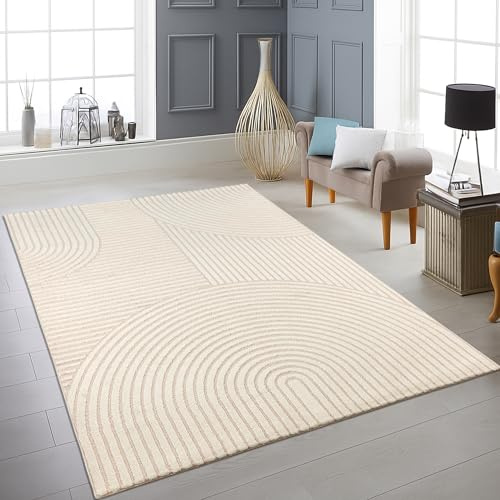 Teppich-Traum Teppich Hoch-Tief-Effekt Linien und Bögen Creme 200x290 cm | Helle Raumwirkung, zeitlos, weich, pflegeleicht, formstabil, Wohnzimmer, Esszimmer, Schlafzimmer