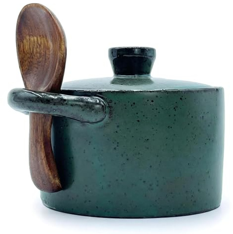 Ceramic Sugar & Salt Jars with Lids and Spoons | 8oz Countertop Seasoning Jars | Sugar Bowl & Salt Cellar Storage Jars | Sugar Bowl with Lid Set Includes Wooden Spoon | Kitchen Coffee Bar(Deep Blue)