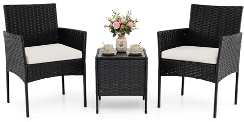 COSTWAY Rattan Gartenmöbel Set, Balkonmöbel mit 2 Stühlen & Gartentisch, wetterfeste Outdoor-Sitzgruppe mit Sitzkissen, 3-teiliges Terrassenmöbel Set für Garten und kleinen Balkon (Beige)