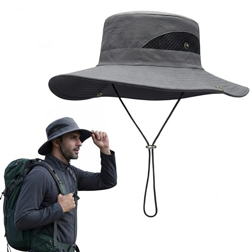 SDXCJY Wide Brim Sun Hat,Breathable Foldable Bucket Boonie Hat for Men Women, Adjustable Chin Strap for Fishing Hiking Beach Garden Outdoor, Grey