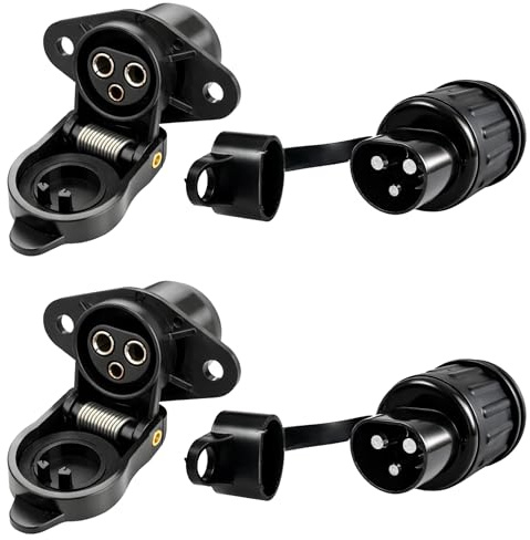 RheinParts Juego de 2 tomas + 2 conectores de 3 polos DIN 9680 6–24V 25A con cubierta de protección – Conexión de toma de corriente para remolques de automóviles, tractores, maquinaria agrícola y de