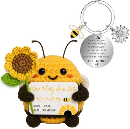 Farbeele Partner Geschenke, Handgehäkelte Biene mit Glücksbringer Schlüsselanhänger, Ich Liebe Dich Geschenke für Frauen Männer, Geburtstag, Valentinstag, Jahrestag Geschenk für Sie Ihn