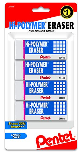 Pentel Hi-Polymer Block Eraser, Large, White, Pack of 4 (ZEH10BP4)