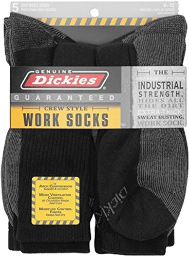 Dickies Genuine Mens 5-Pair Crew Work Socks, 5 Pair Black W/ Grey, 10-13 Sock/6-12 Shoe