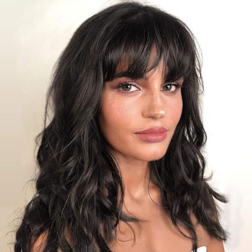 WIGNEE Natürliche Wellenperücke mit Pony 100% Brasilianisches menschliches Haar Mode Wellenperücke natürlich schwarz (35 cm)