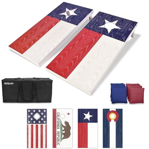 GoSports Set di cornhole in legno serie bandiera – scegliere bandiera americana o bandiere di stato – include due pannelli di dimensioni regolamentari 1,2 x 0,6 m, 8 pouf, custodia per il trasporto e