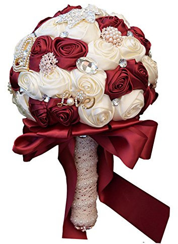 Fouriding Handgemachte Brosche Brautstrauß Braut Satin Rosen Blumen Diamant Perlen Blumensträusse Hochzeit Strauß Künstliche Blumenstrauß künstlicher Rosenstrauß Dekoration (Weinrot Cremig)