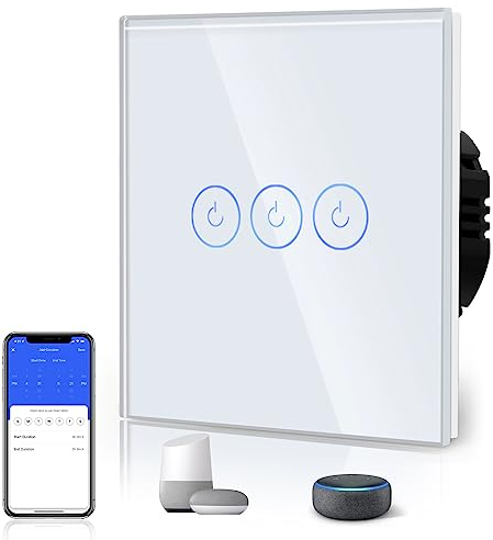 BSEED Interruptor de Luz Táctil Inteligente WIFI, Interruptor Táctil de Pared con Panel de Cristal Compatible con Alexa/Tuya/Smart Life (Requiere Cable Neutro) 3 Gang 1 Vía Blanco