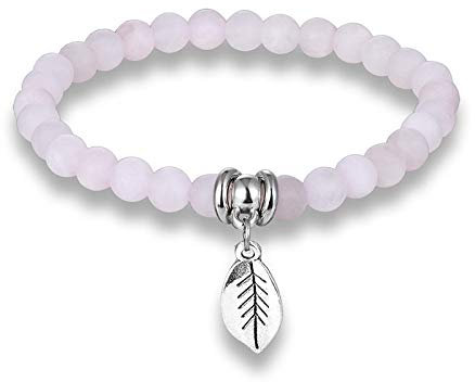 Generic Stein Armband,7 Chakra Vintage 6Mm Natur Rosa Onyx Stein Perlen Blatt Anhänger Energiebilanz Armreif Charm Schmuck Männer Frauen Freund