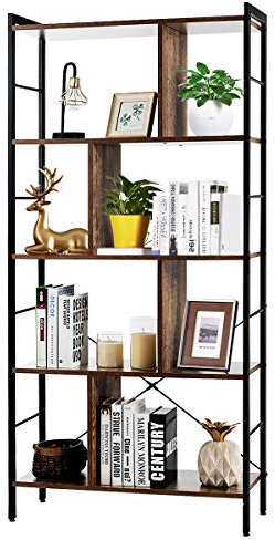 COSTWAY 5-Tiers Freestanding Display Bookshelf, Industrial Style Metal Frame Bookcase Shelving Storage Rack Organizer Shelf Unit for Home Office (Rustic Brown)
