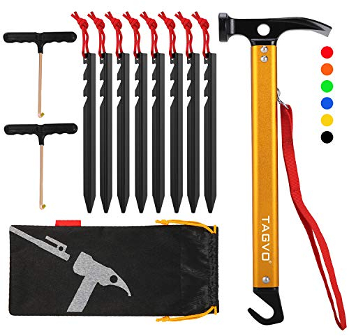 TAGVO Multifunktions Camping Hammer mit 8 PCS Zelt Heringe und 2 PCS Multifunktions Zeltstangen-Abzieher Set,Outdoor High Carbon Stahl Camping Zelt Hammer Aluminium Heringe erdnägel Set