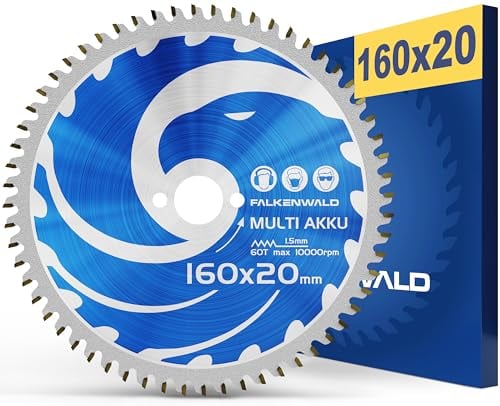 FALKENWALD® Kreissägeblatt 160x20 mm (Akku, Multi) für Holz, Metall, Kunststoffe und Aluminium - Sägeblatt mit 60 Hartmetallzähnen (HM) - kompatibel mit Bosch PKS 55, Festool TS 55 & weiteren Marken