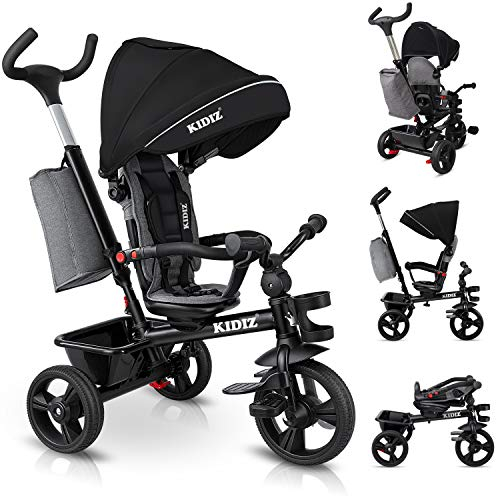KIDIZ® Dreirad 5in1 Kinderdreirad mit Schubstange Lenksystem Stange ab 1 Jahr, Jogger vorwärts und Rückwärtsfahrt,Korb Tasche Getränkehalter Sonnendach Gummiräder Buggy Fahrrad Baby Klappbar, Schwarz