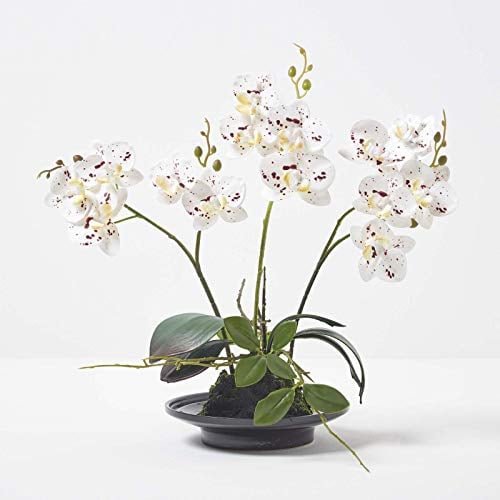HOMESCAPES Artificial White Orchid in Pot 38 cm Tall Lifelike Faux Orchid Plant In Black Ceramic Bowl with Real Touch Silk Flowers and Green Leaves Phalaenopsis Orchid Flower for Indoor Decoration